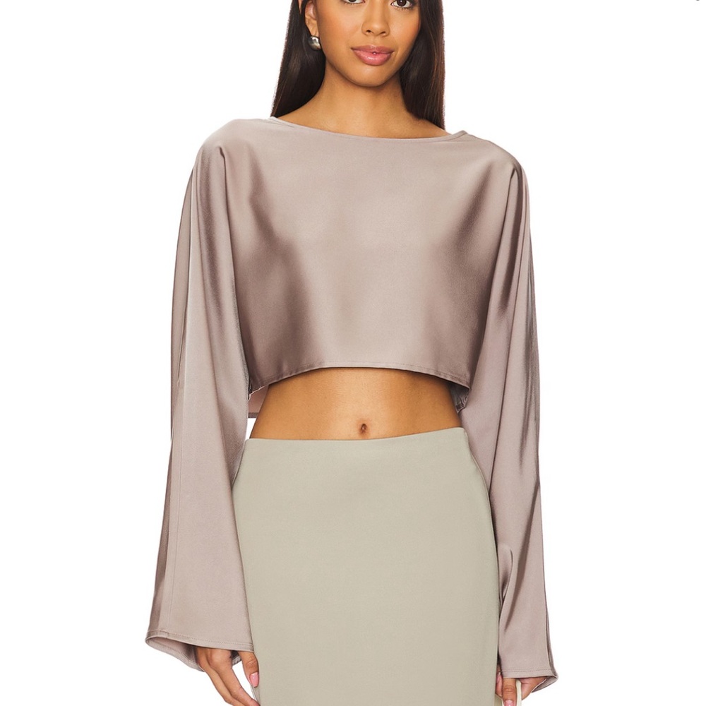 ALL THE WAYS Brown Satin Crop Top with Bell Sleeves